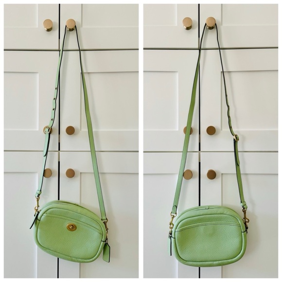 COACH Pistachio Green Leather Oval Camera Bag, Crossbody Guitar Strap (Pink) - Picture 9 of 17